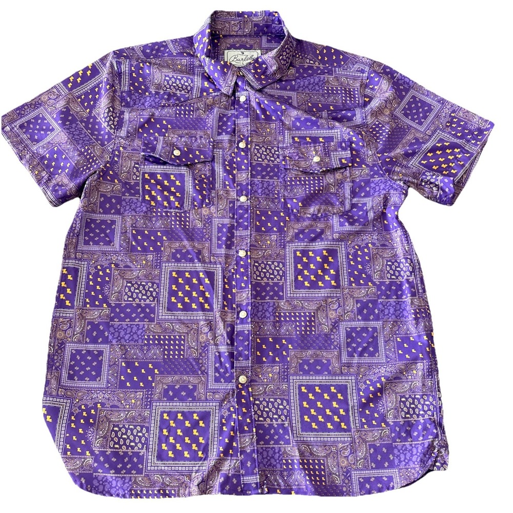 Burlebo Mens L Louisiana LSU Performance Short Sleeve Western Shirt Pearl Snaps